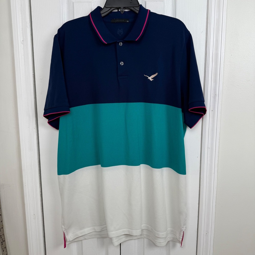 Greyson Men XL Color Block Polo Shirt Eagle Embroidered Golf Athleisure Navy